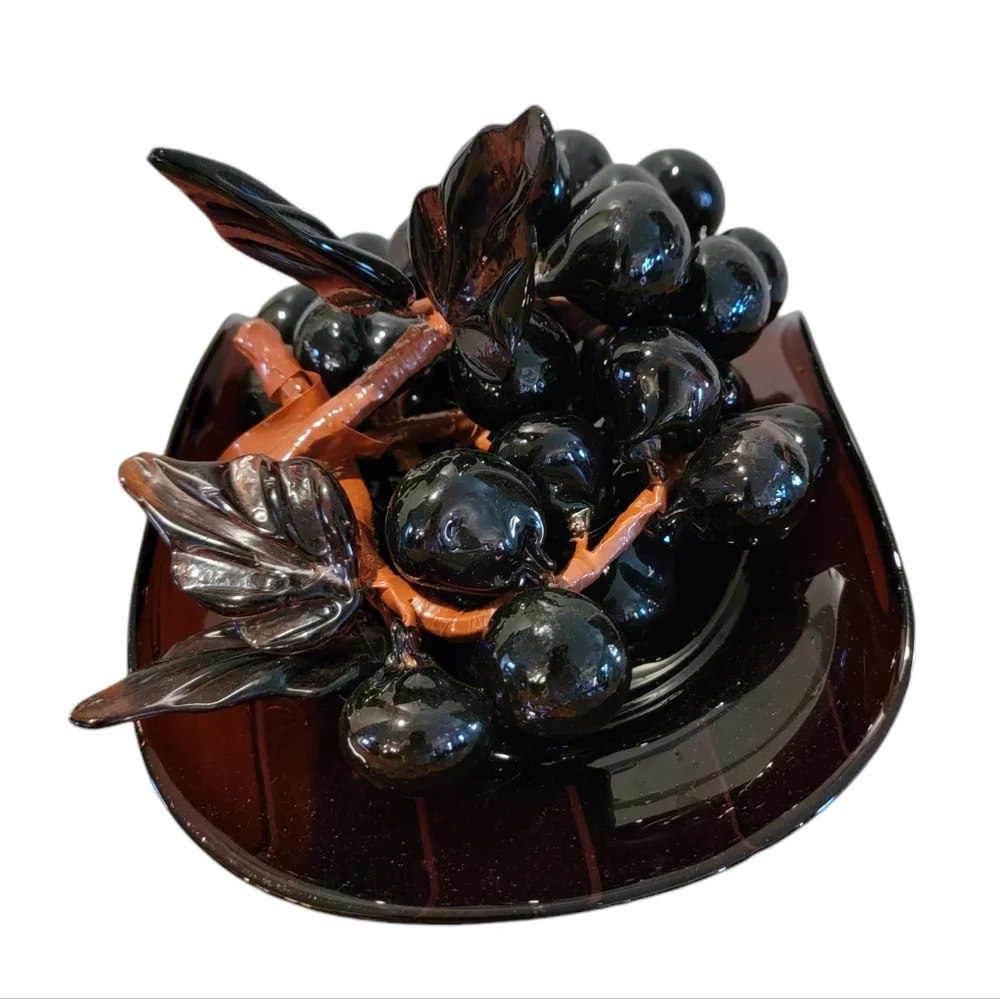 Amethyst Hand‎ Blown Glass Bowl with Amethyst Glass Grape Clusters MCM